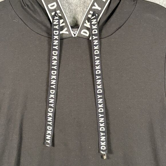 DKNY Athleisure Black Hooded Logo A Line Dress Sz Med Stretch Knit Short Sleeve - Picture 7 of 11